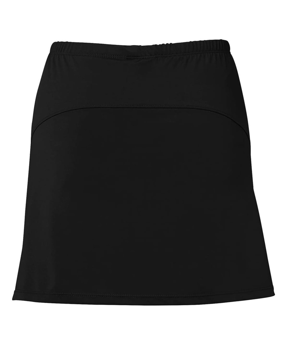 A black skort designed for ladies, featuring a fitted waistband and a sporty style. It includes a logo detail.