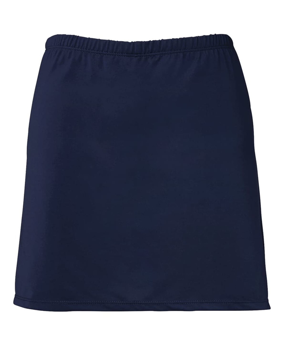 A navy skort with an elastic waistband and a simple design, featuring a logo.