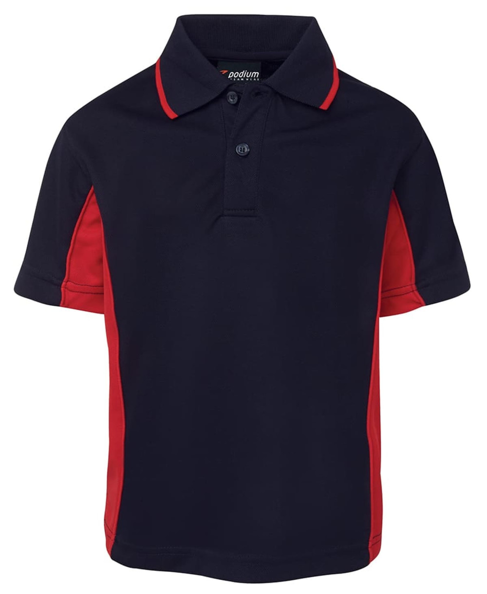 A navy blue and red polo shirt with a collar and logo. Short sleeves with contrasting side panels.