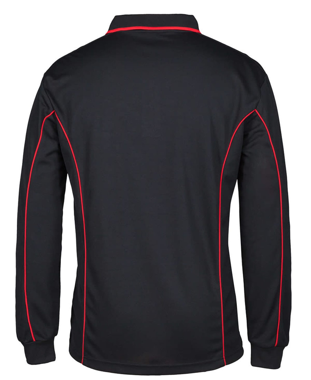A black long-sleeve polo shirt with red piping and a logo on the back.