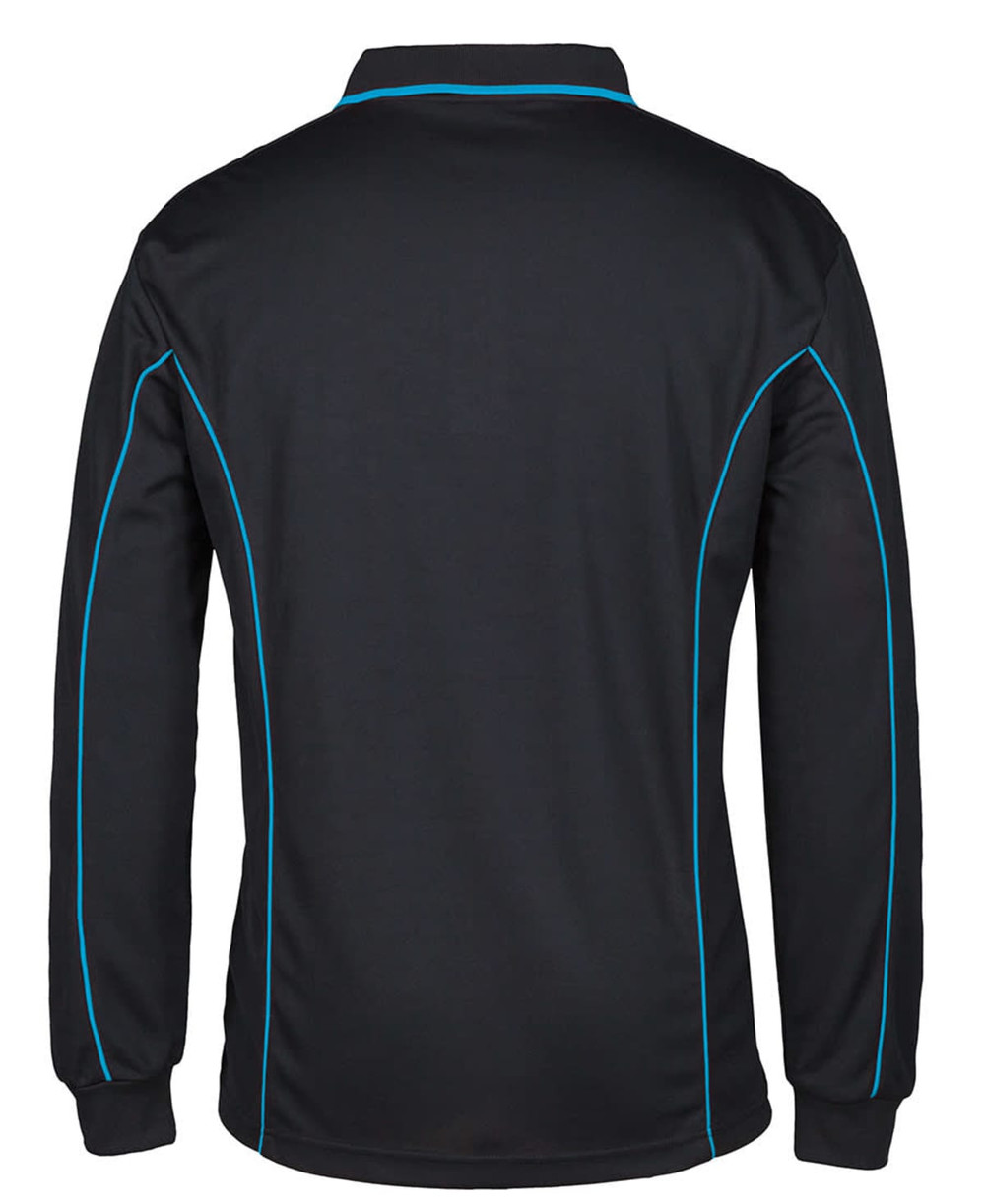 A black long-sleeve polo shirt with blue piping, featuring a collar and a logo.