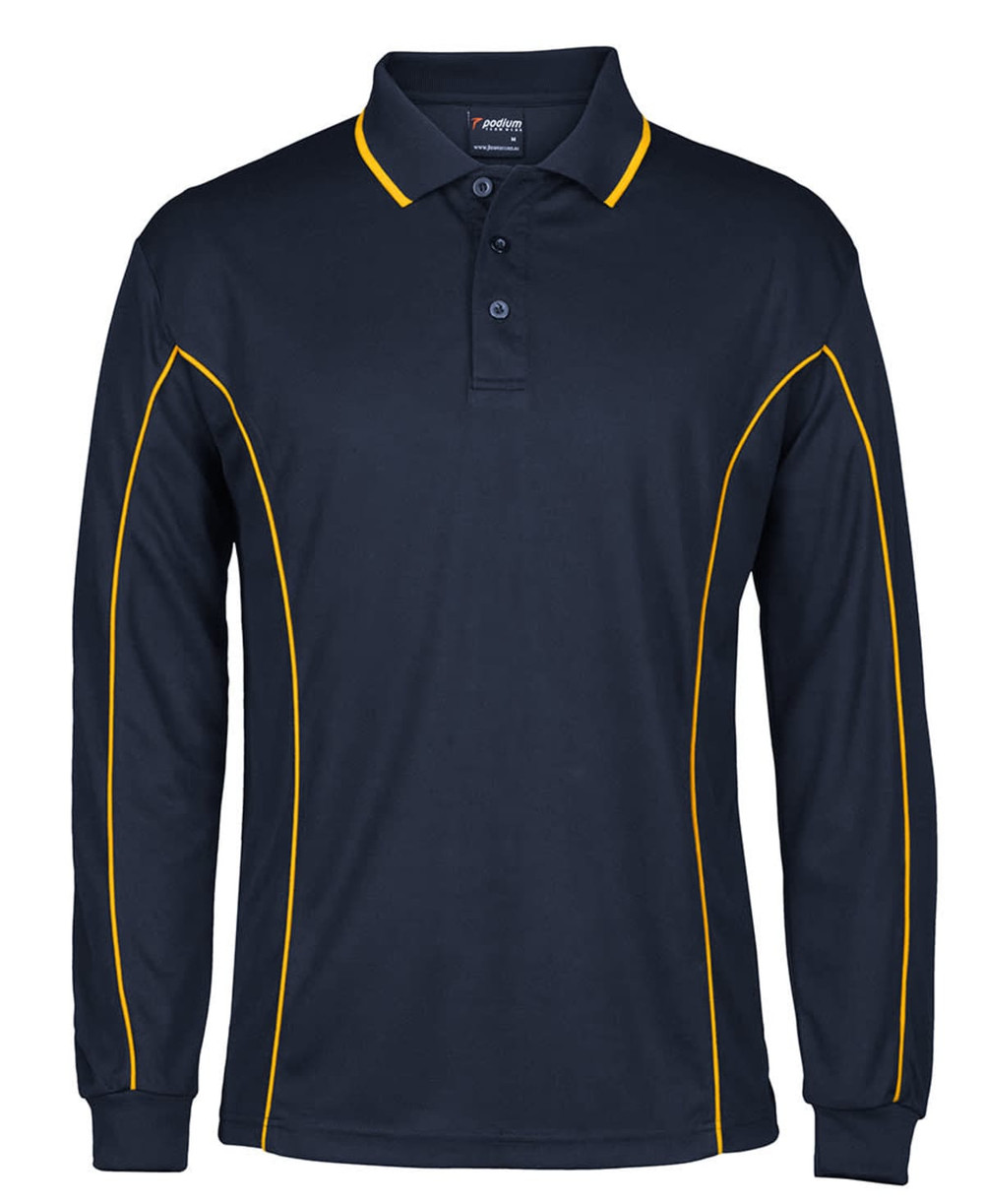 A navy long-sleeve polo shirt featuring yellow piping and a logo on the collar.