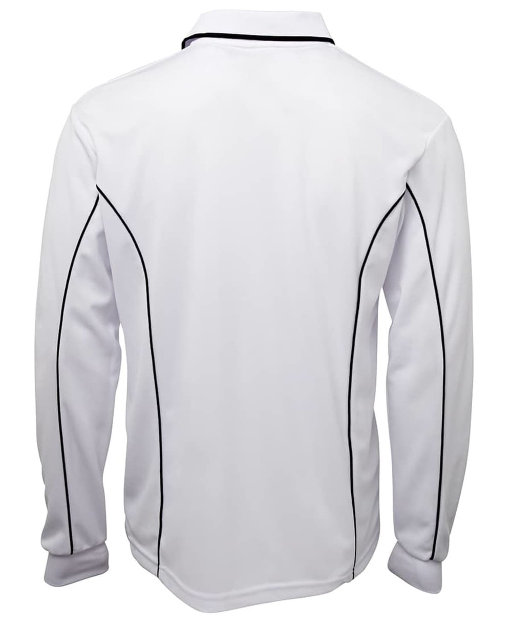 A white long-sleeve polo shirt featuring black piping along the seams and a logo on the chest.