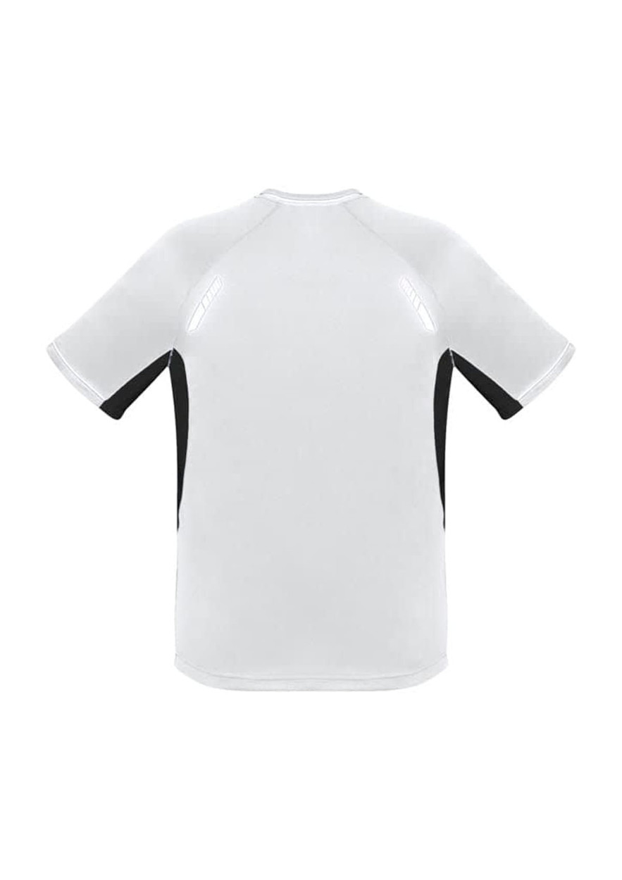 A short sleeve tee in white with black side panels, featuring a logo on the back.