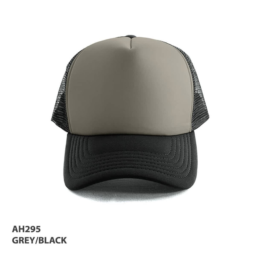 A grey and black Polymesh trucker cap featuring a structured front and mesh sides, with a logo on the front.
