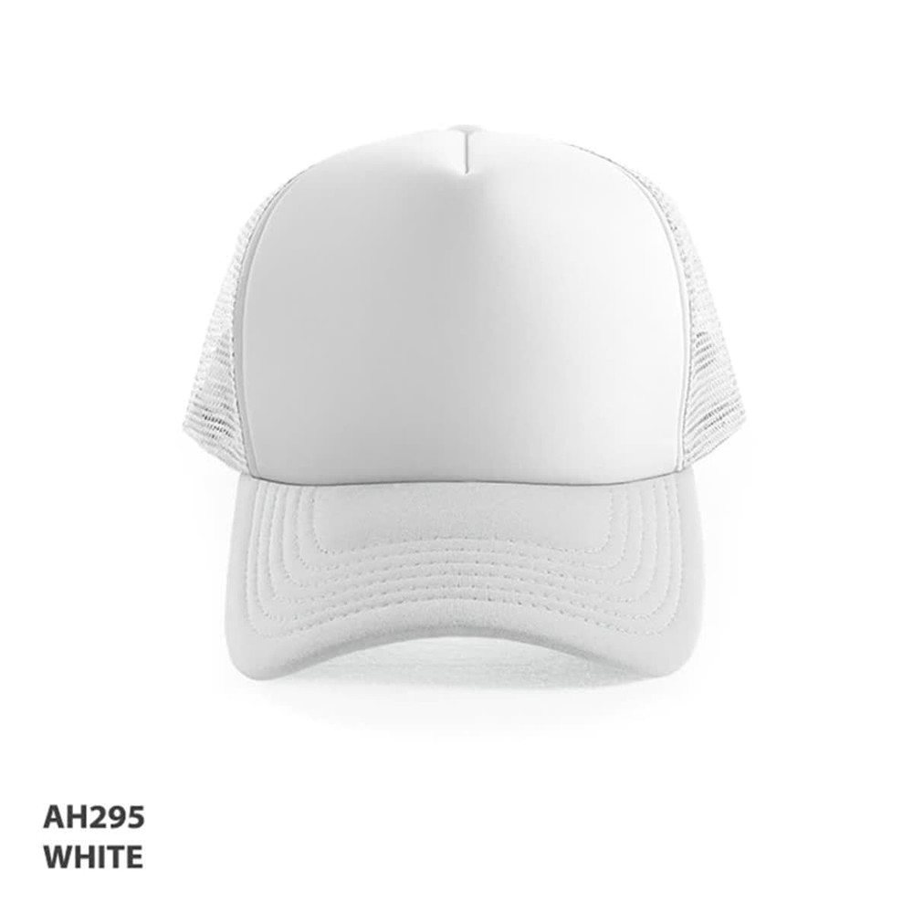 A white Polymesh trucker cap featuring a solid front and mesh sides, including a logo on the front.