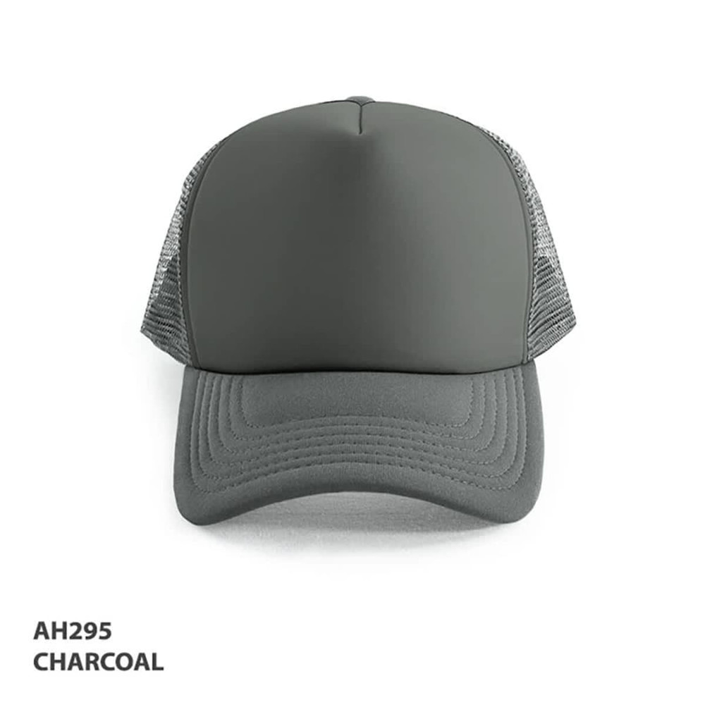 A charcoal Polymesh Trucker Cap with a solid front and mesh back, featuring a logo.