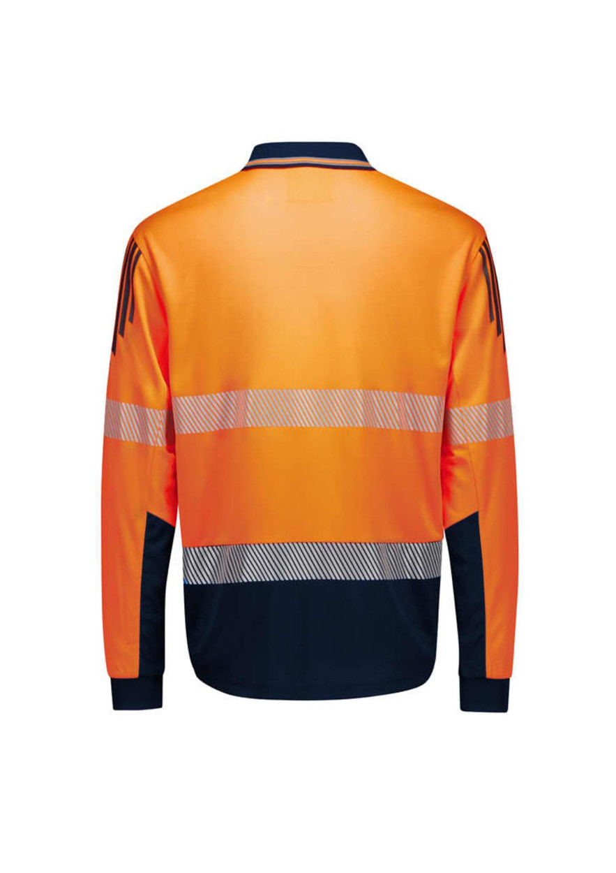 A long sleeve polo in high visibility orange with navy blue accents and reflective segmented tape. It features a logo.
