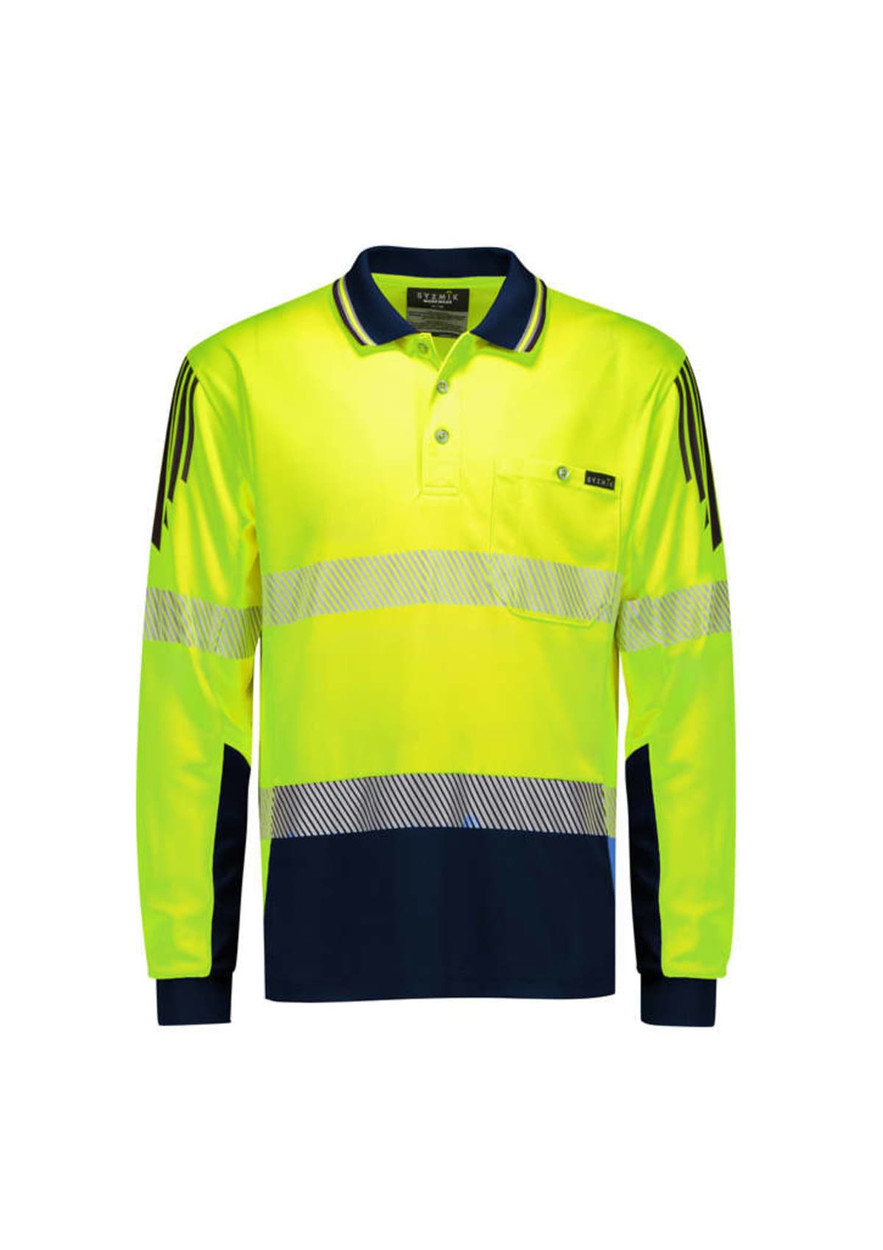 A long sleeve polo in bright yellow with navy blue accents and reflective segmented tape. Features a logo on the chest.