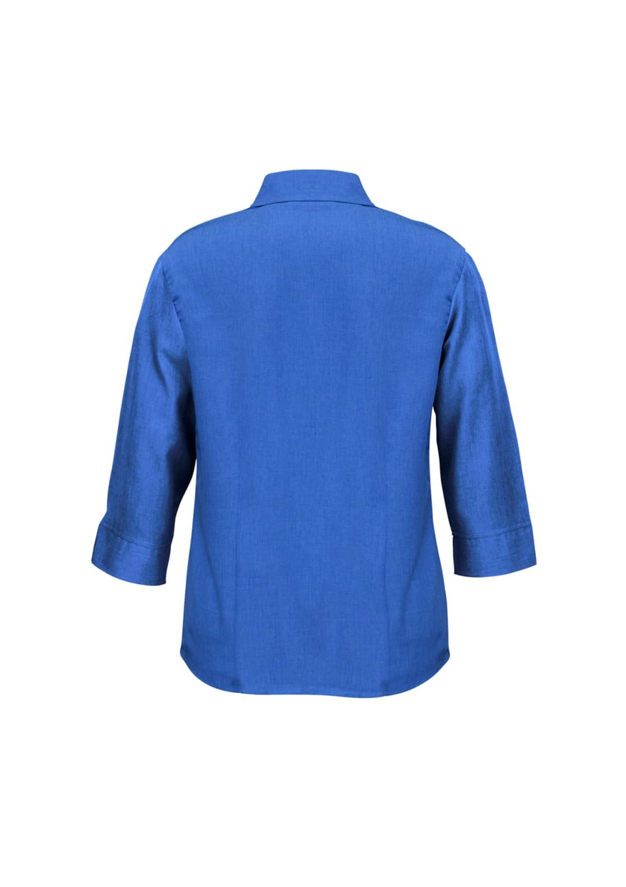 A women's 3/4 sleeve shirt in a vibrant blue, featuring a simple design and a collar on the back.