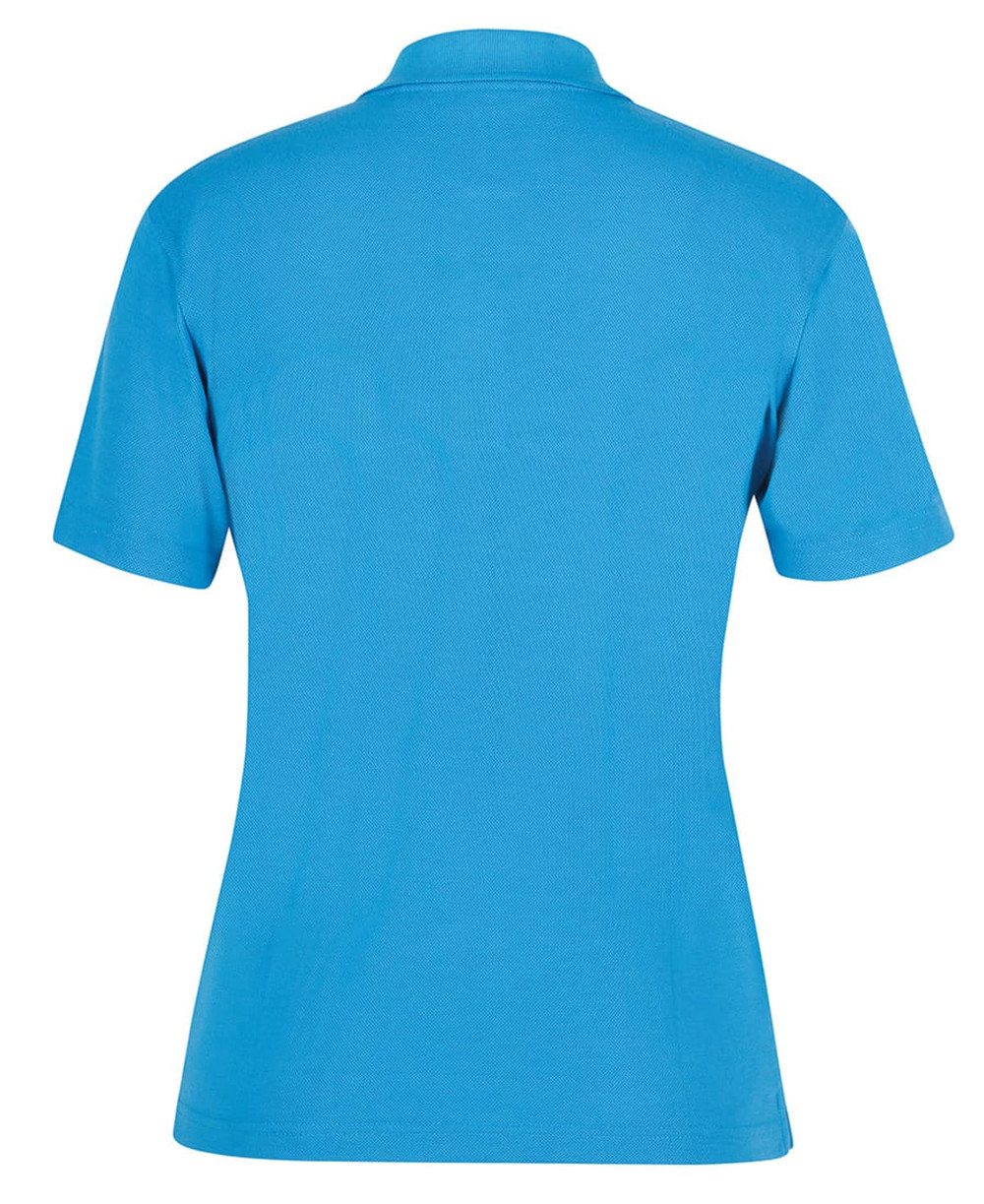 A blue women's polo shirt featuring a collar and short sleeves, with a branding logo on the back.
