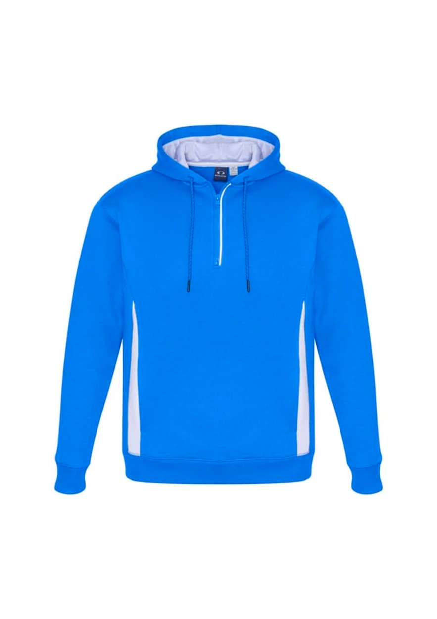 A blue unisex hoodie with a white side design and a front zip. It has a hood and a logo on it.