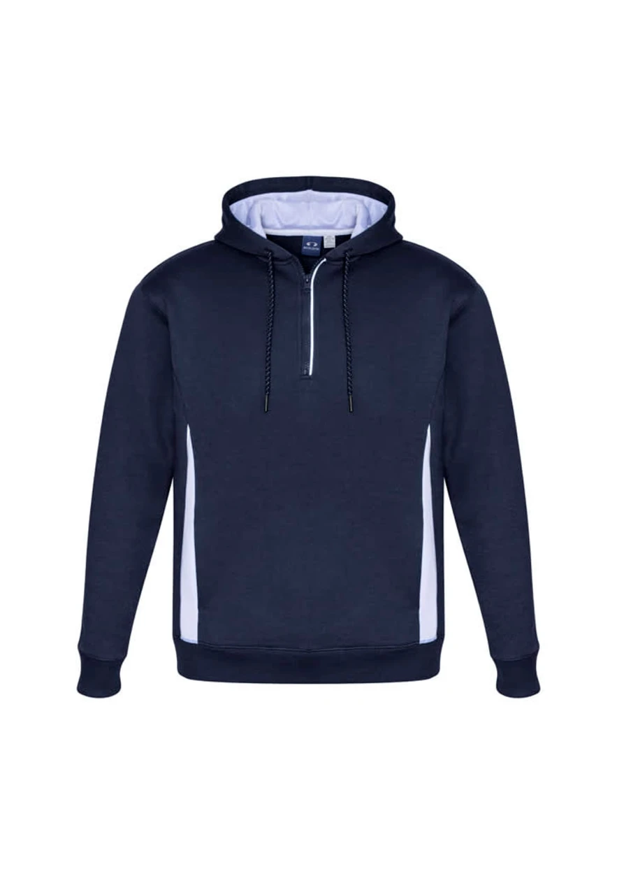 A navy blue unisex hoodie with white side panels and a zipper at the collar, featuring a logo on the front.