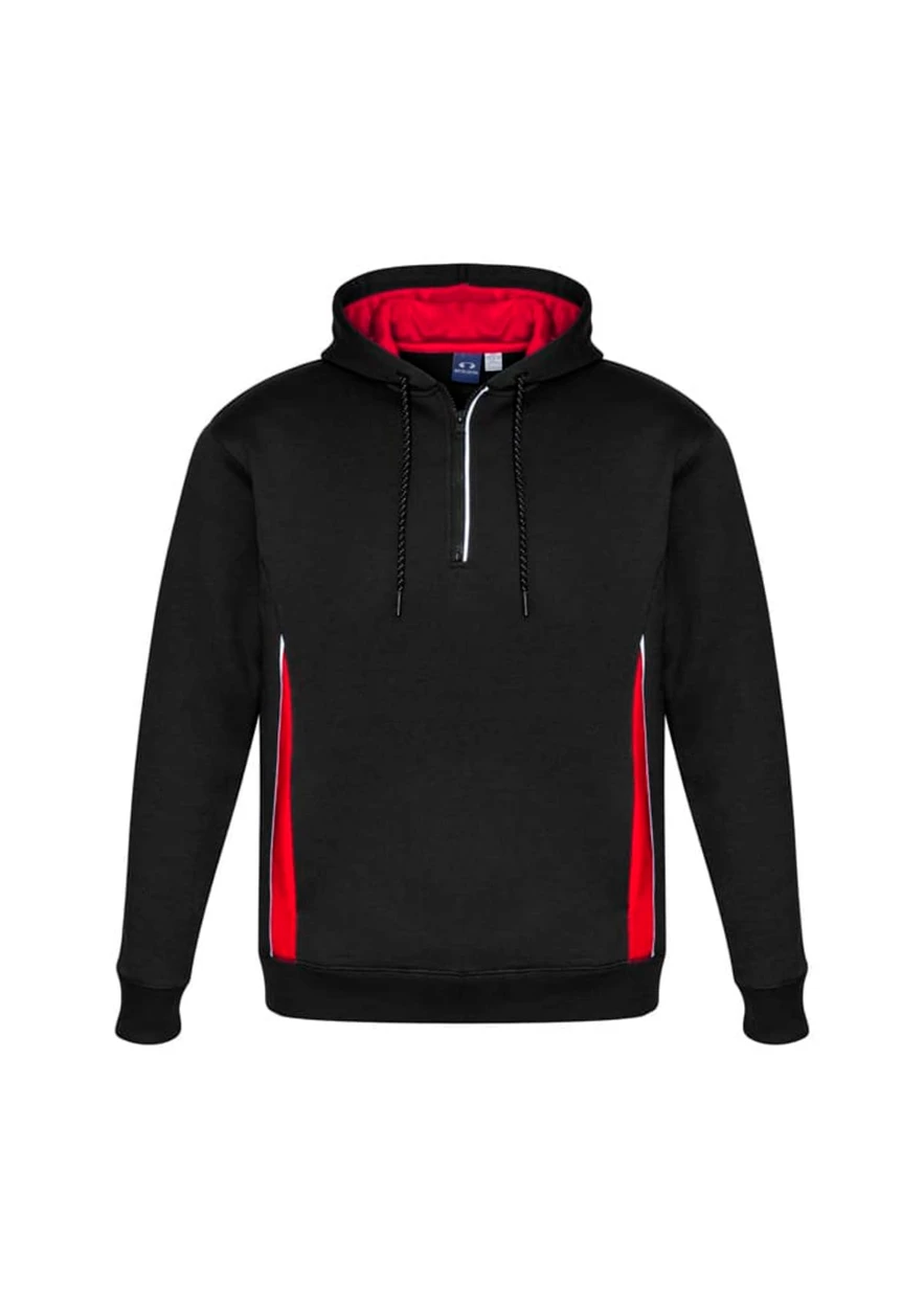 A black unisex hoodie with red accents and a zippered neckline, featuring a logo on the front.