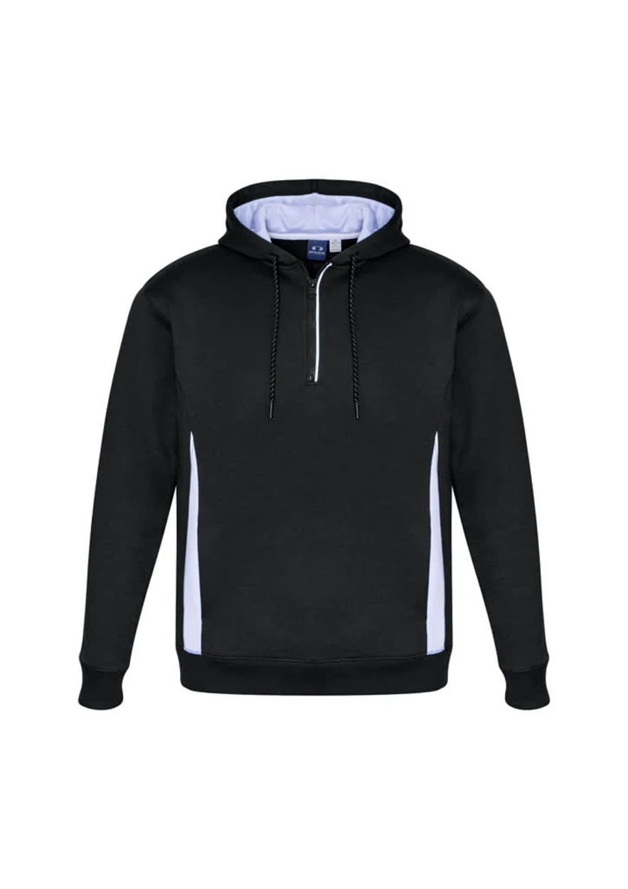 A black unisex hoodie with white side panels and a front zipper. It features a hood and has a logo.