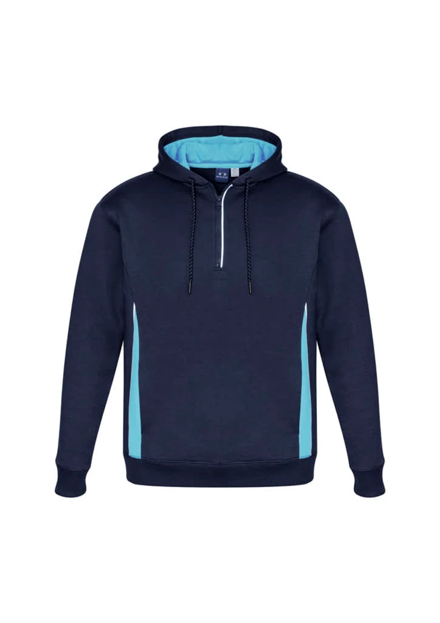 Unisex navy hoodie with light blue side panels and a zippered collar. Features a drawstring and a logo.