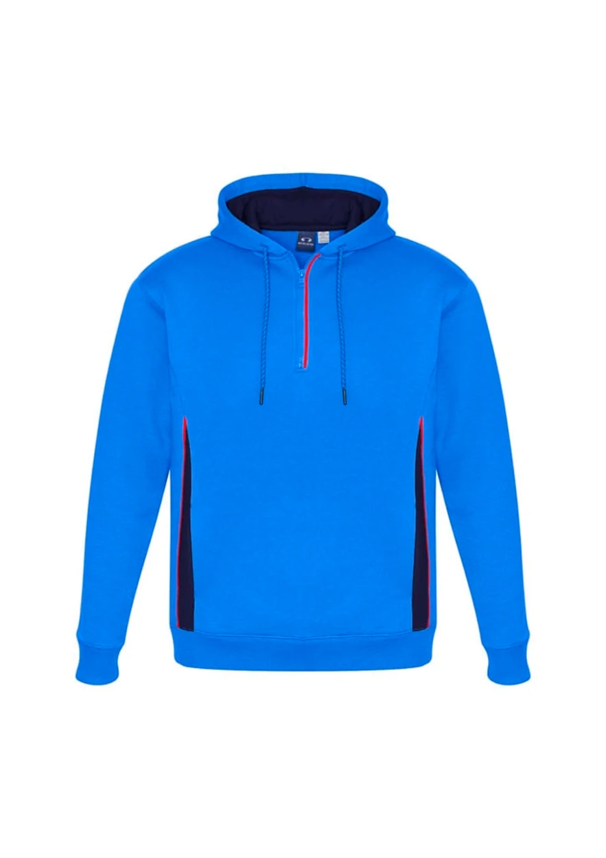 A blue unisex hoodie features a front zipper, with black and red accents along the sides and a logo on the chest.