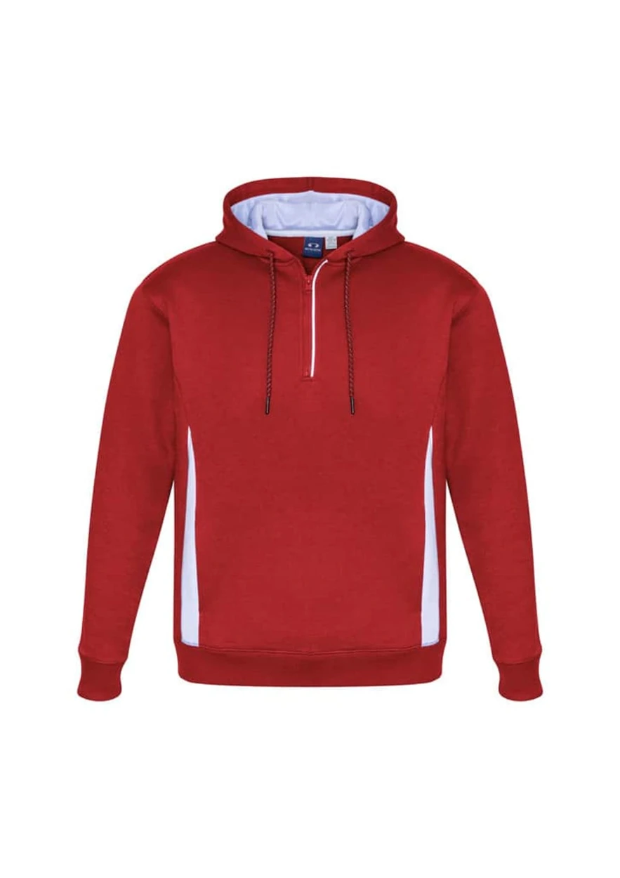 A unisex hoodie in burgundy with white side panels and a front zipper. It features a hood and a branded logo.