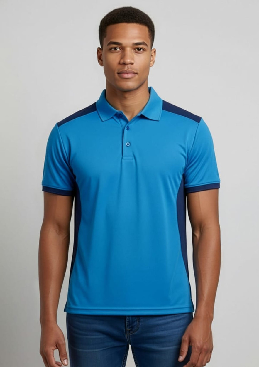 A blue men's polo shirt with short sleeves and contrasting navy details, featuring a logo on the chest.