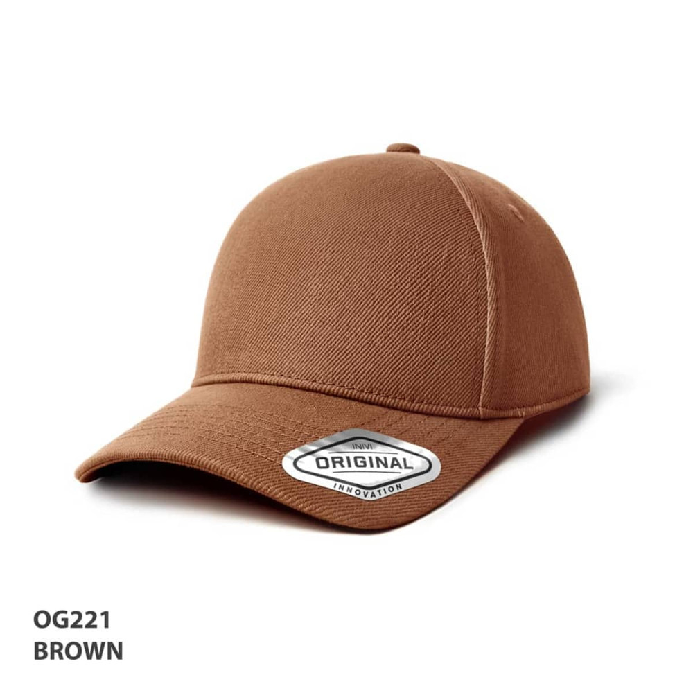 A brown cap with a curved brim and a logo on the front, featuring a plain design.
