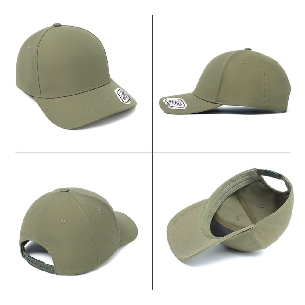 A khaki cap featuring a structured design, showcasing various angles including the front, side, and inside view, with a logo.