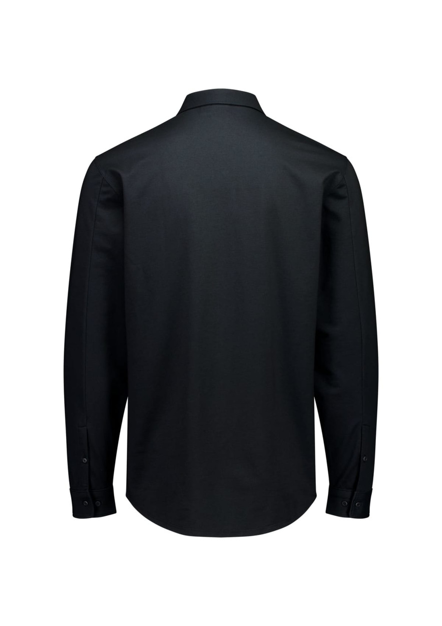 A black long-sleeve button-up shirt with a collar and cuffs, featuring a subtle logo.