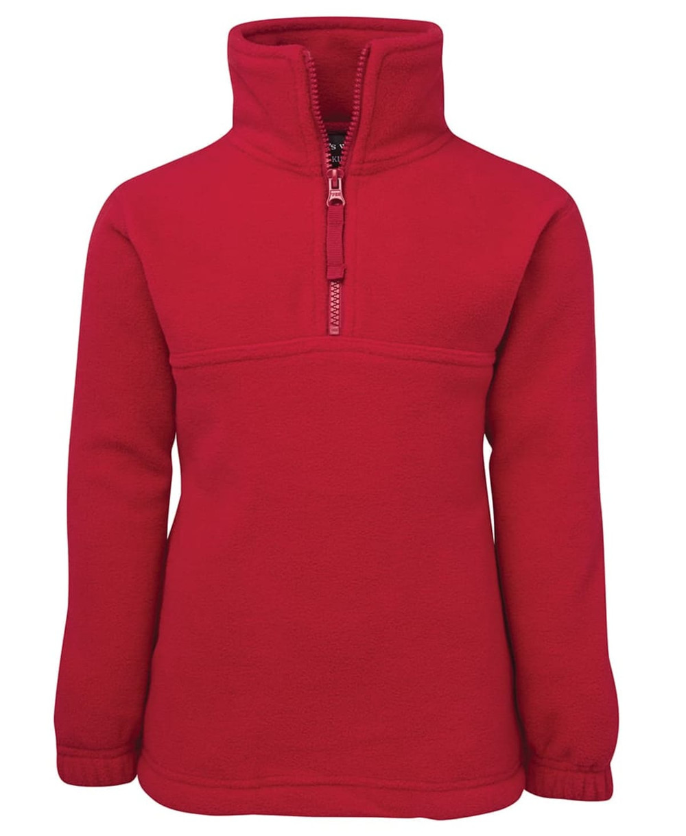 A red polar fleece jacket with a half zip and high collar, featuring one logo on the front.