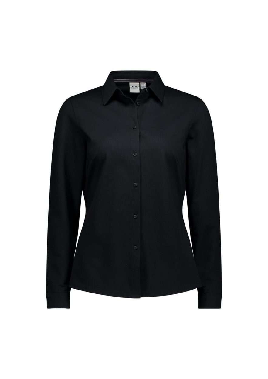 A black long sleeve button-up shirt for women featuring a collar and a logo.