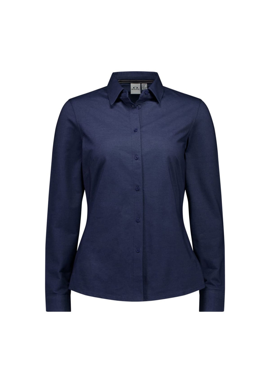 A women's long sleeve button-up shirt in navy blue with a fitted design and a logo on the chest.