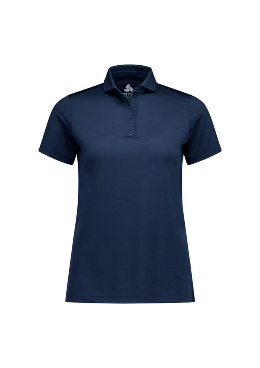 A navy blue short sleeve polo shirt for women featuring a collar and a button placket. The shirt has a logo.
