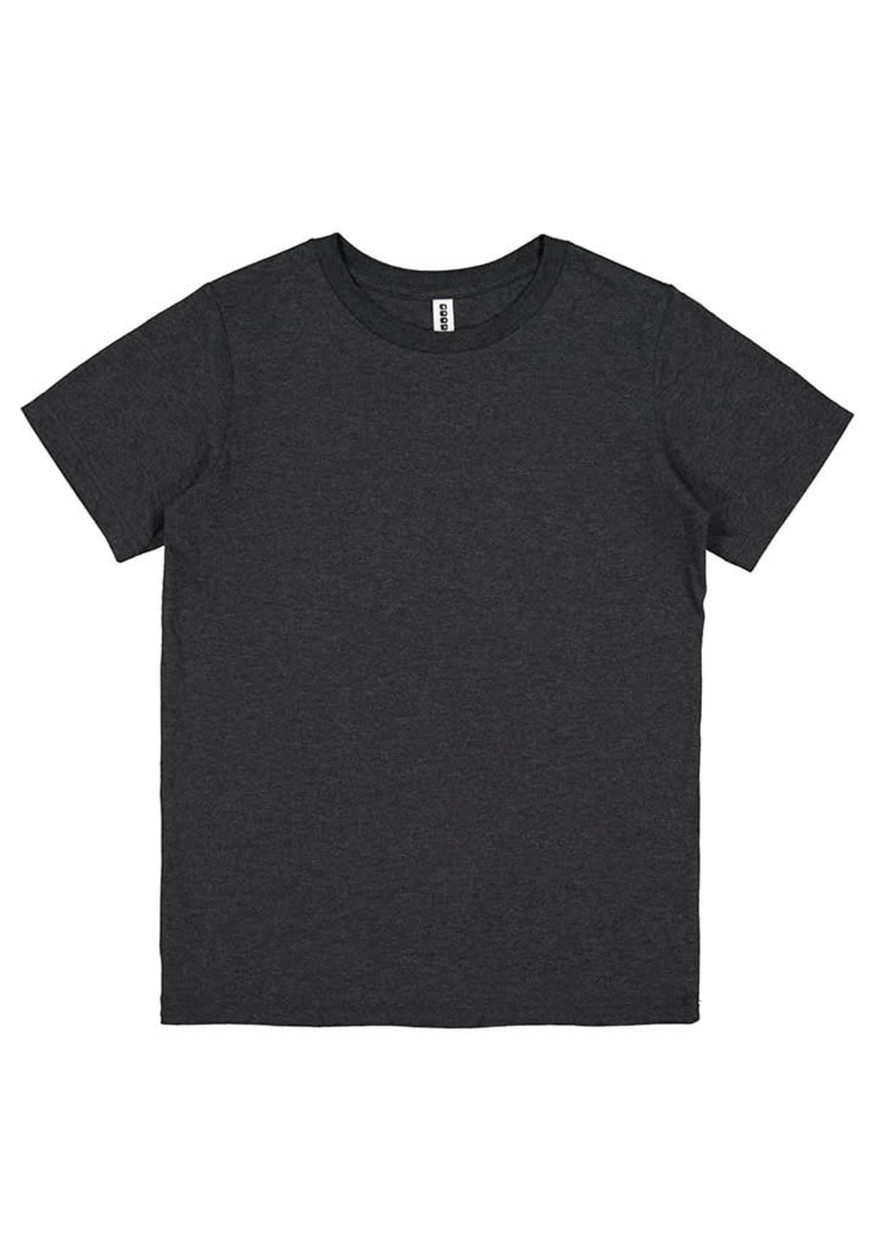 A dark grey short sleeve tee with a classic crew neck design and a logo on the label.
