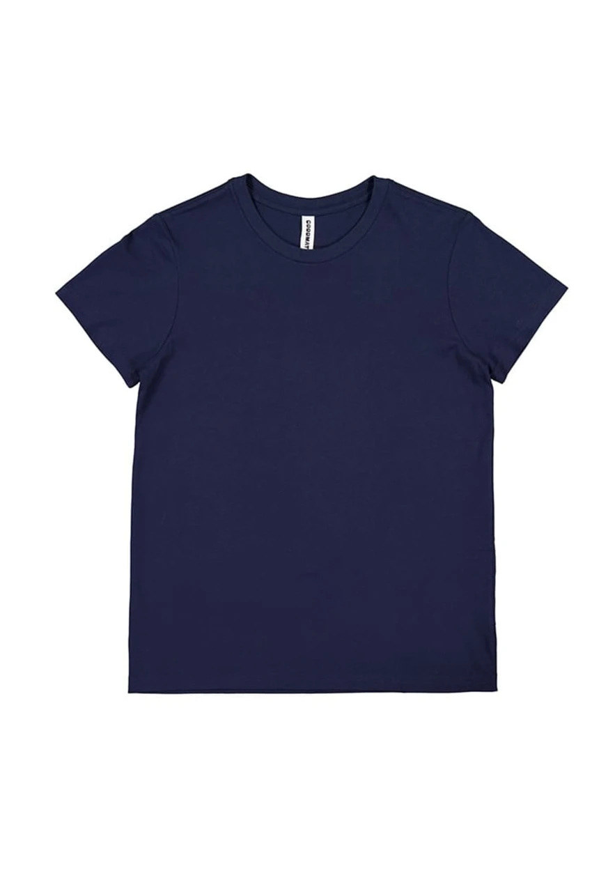 A navy short sleeve tee with a standard crew neck and a label inside. It has a simple design and no visible patterns.