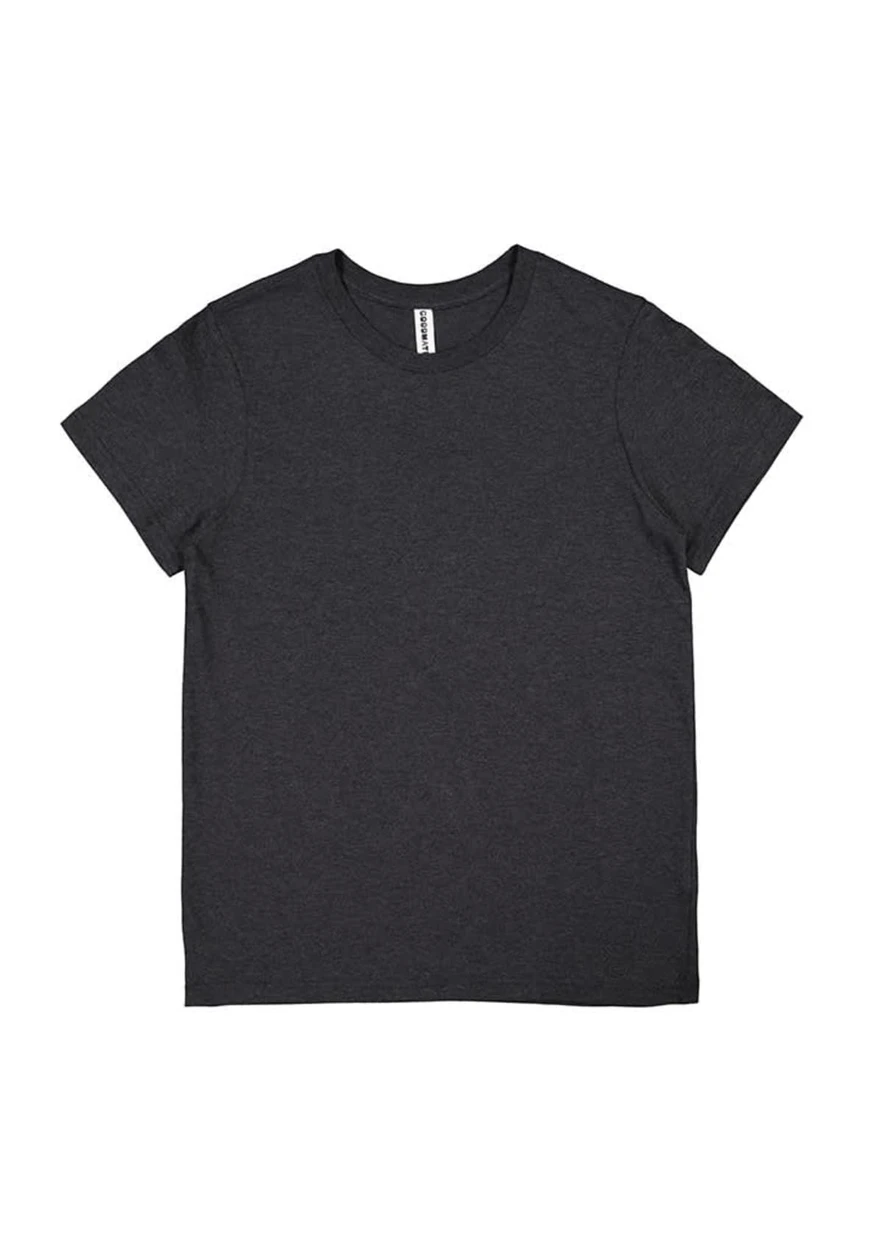 A women's short sleeve tee in dark grey, featuring a simple design and a logo on the label.