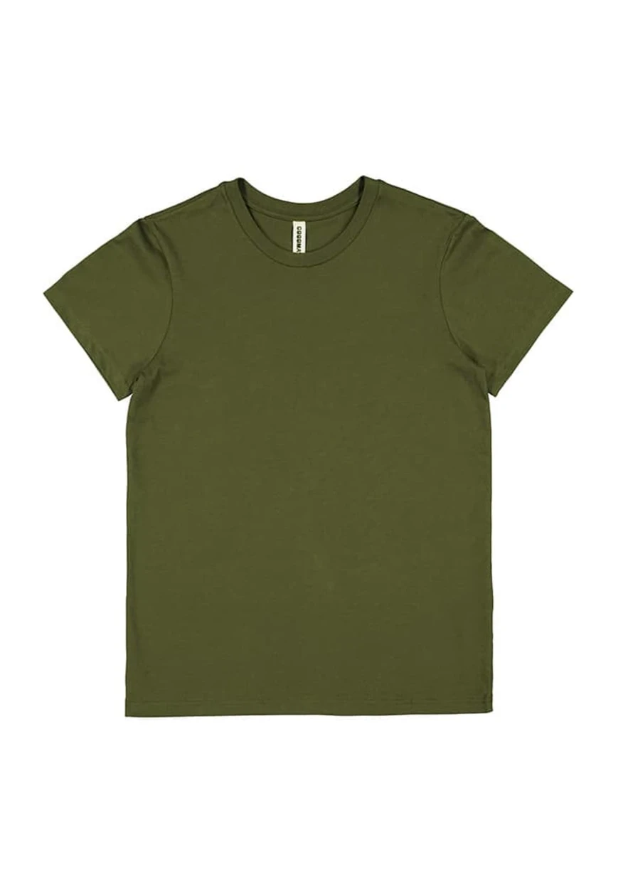 An olive green women's short sleeve T-shirt with a round neck and a logo tag.