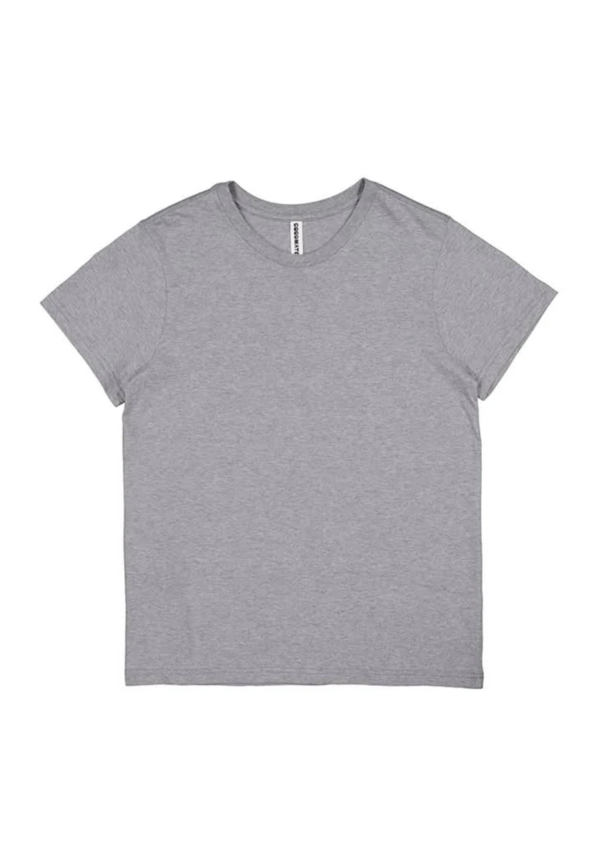 A women's short sleeve tee in grey, featuring a classic round neck and a simple design. Includes a logo.