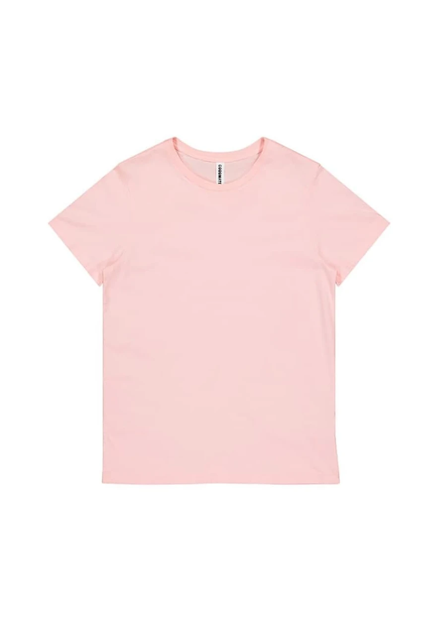 A pink women's short sleeve tee with a basic design and a small brand label inside the collar.