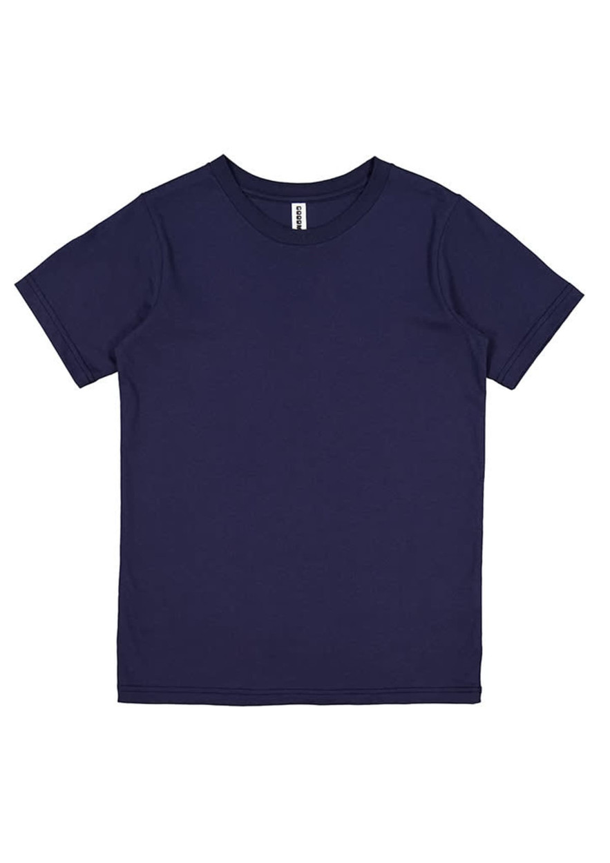 A plain navy blue short sleeve tee for kids, featuring a simple design and a logo on the label.