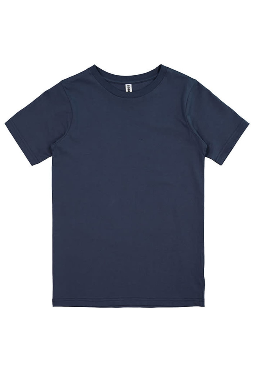 A navy blue kids' short sleeve tee with a round neck and a tag label inside. Features a plain design with no graphics.