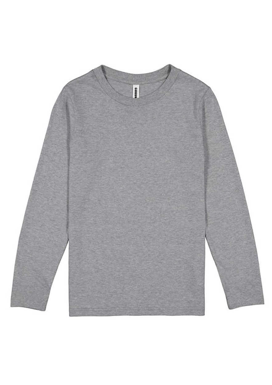 A long-sleeve tee in grey, featuring a simple design and a logo on the label.