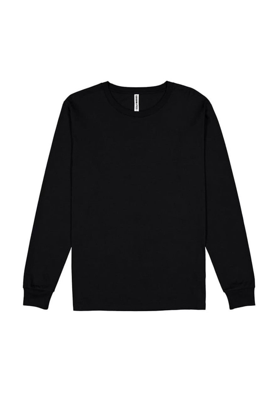 A black long sleeve T-shirt featuring a crew neckline and fitted cuffs. It has a logo on the label.