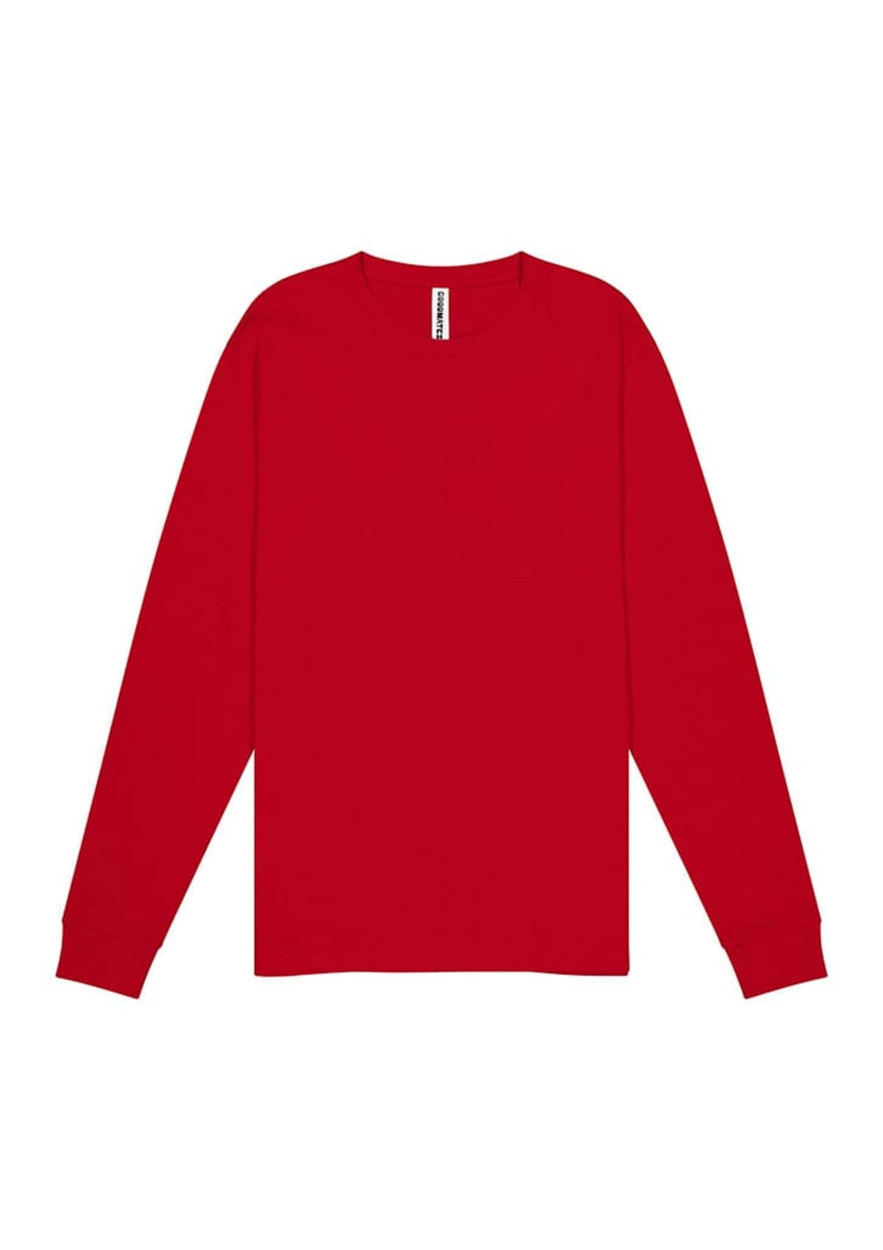 A red long sleeve tee with a crew neck and a logo on the label.