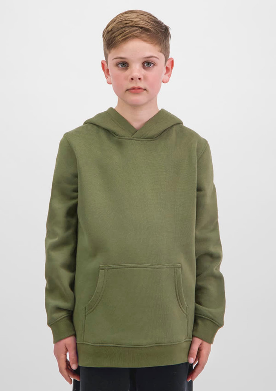 A green hoodie with a front pocket and a hood, featuring a branding logo on the front.