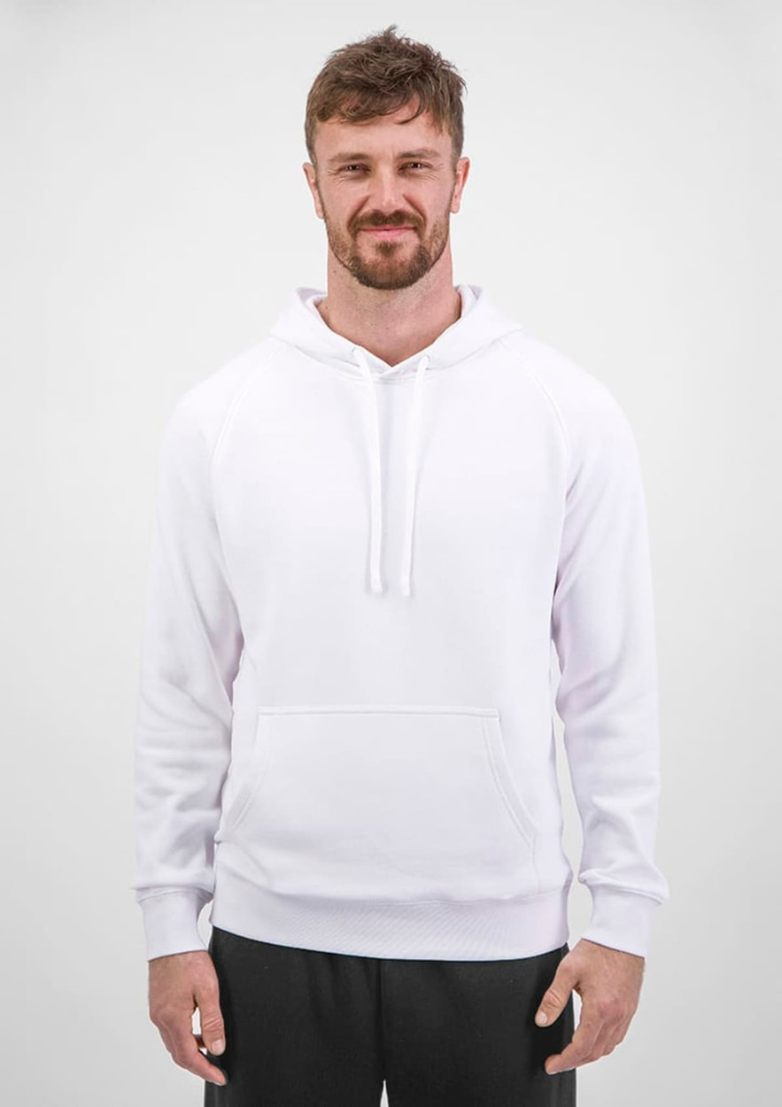 A white men's hoodie with a front pocket and hood, worn by a smiling individual. It features a logo on the chest.
