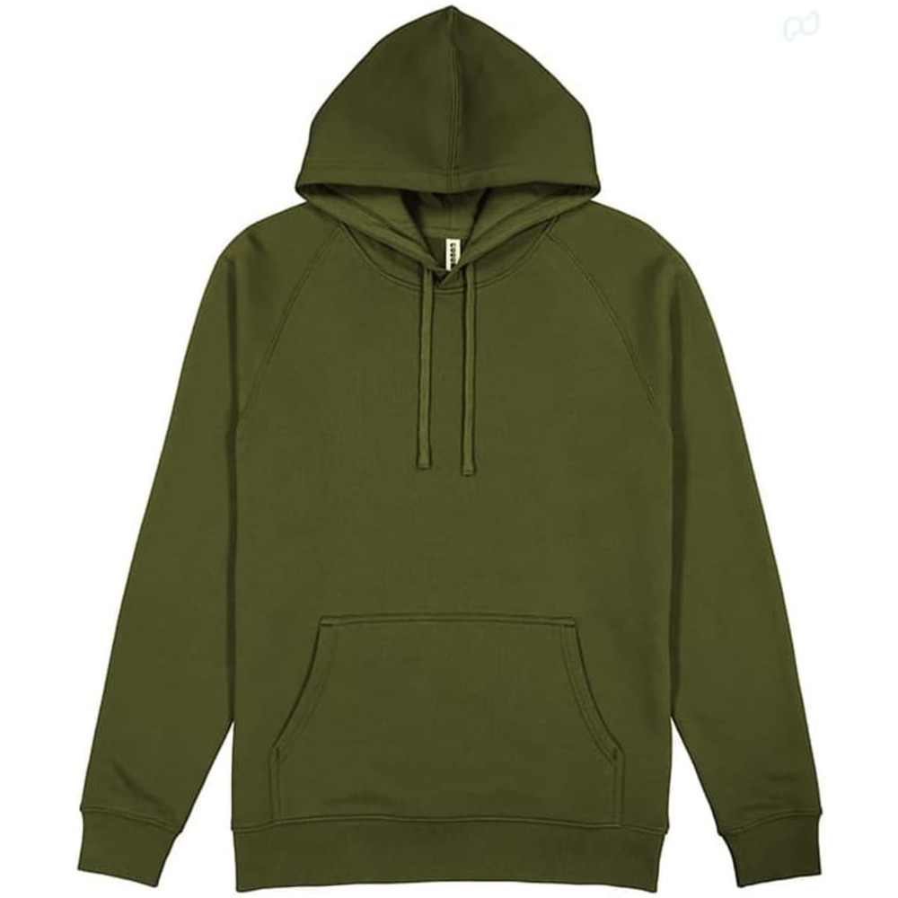 An olive green hoodie with a front pocket and a drawstring hood. It features a logo on the front.