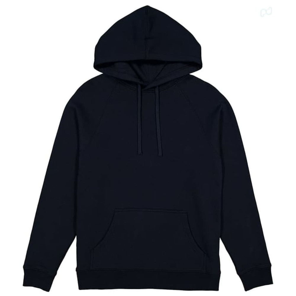 A navy hoodie with a hood, long sleeves, and a front pouch pocket. It features a logo.