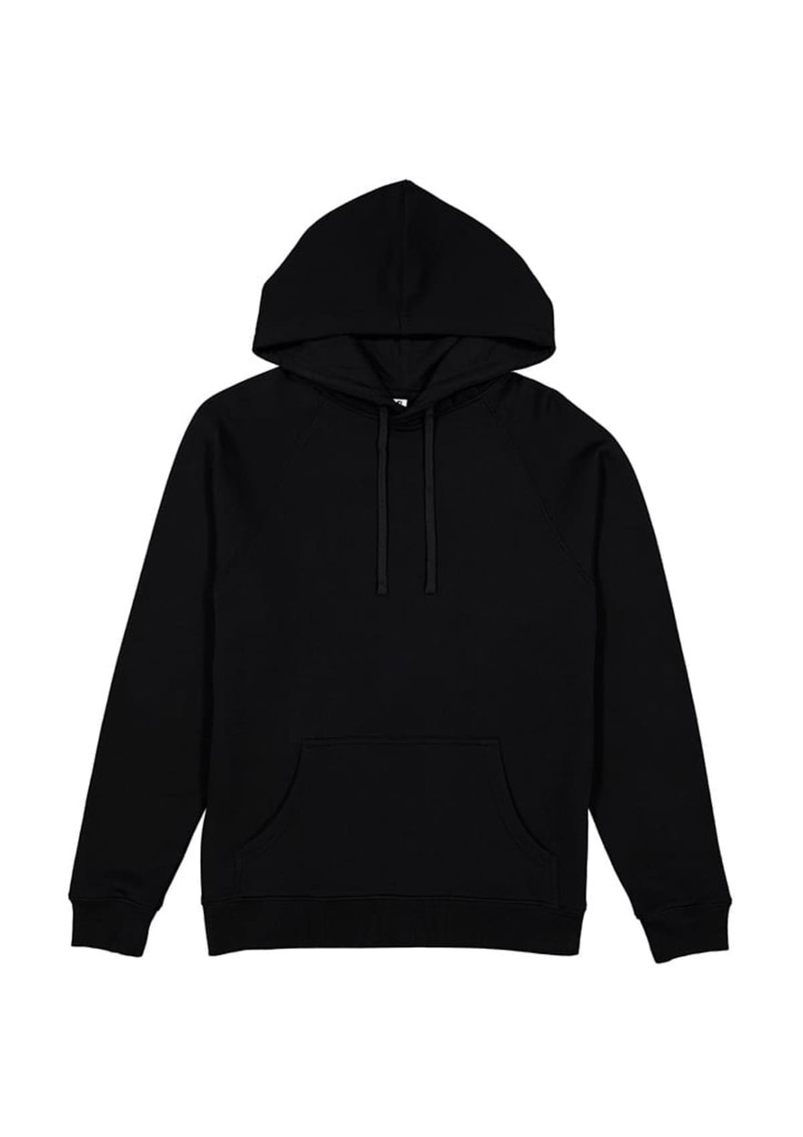 A black women's hoodie with a front pocket and a large hood, featuring a logo on the front.
