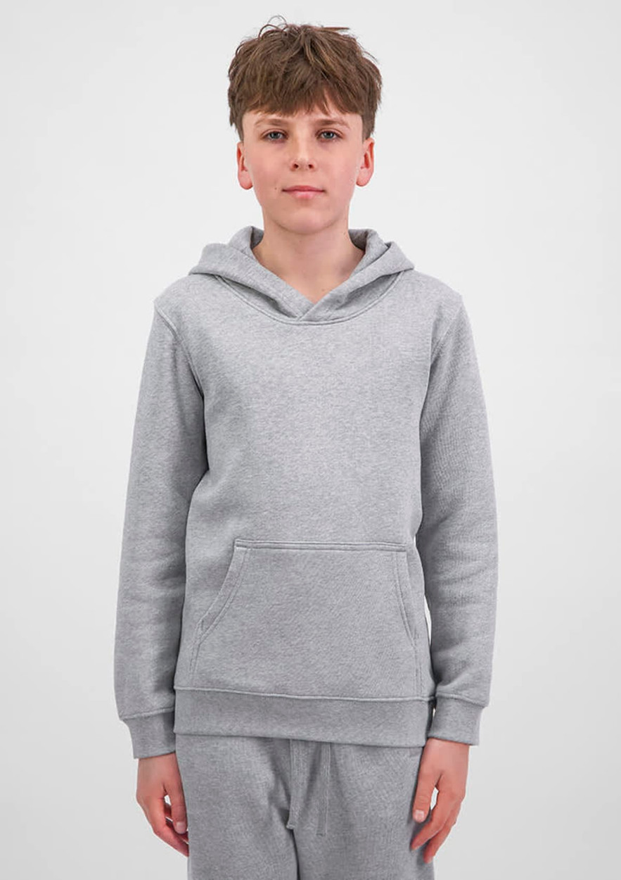 A grey youth hoodie with a front pocket and a hood, worn by a young model. The garment has a simple, casual design.