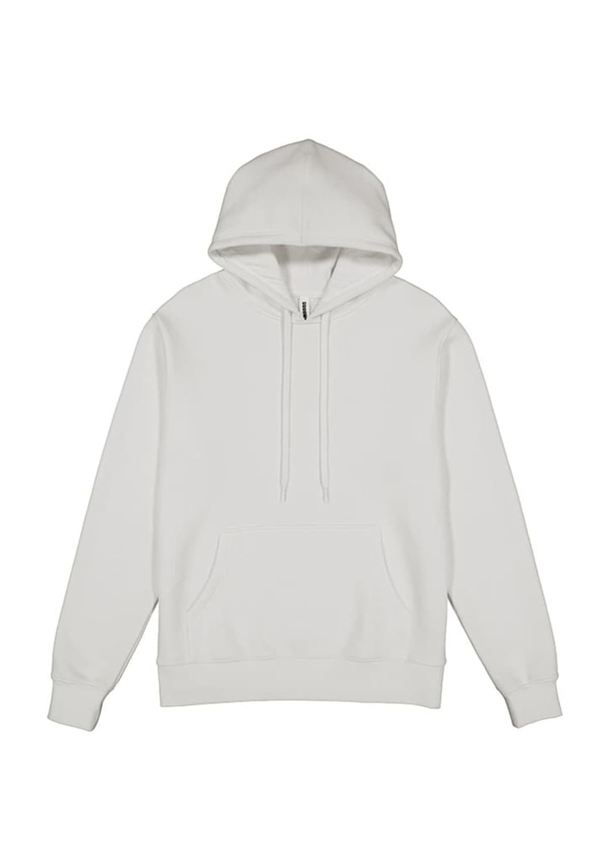 A white hoodie with a front pocket, drawstrings, and a large hood. It features a logo.