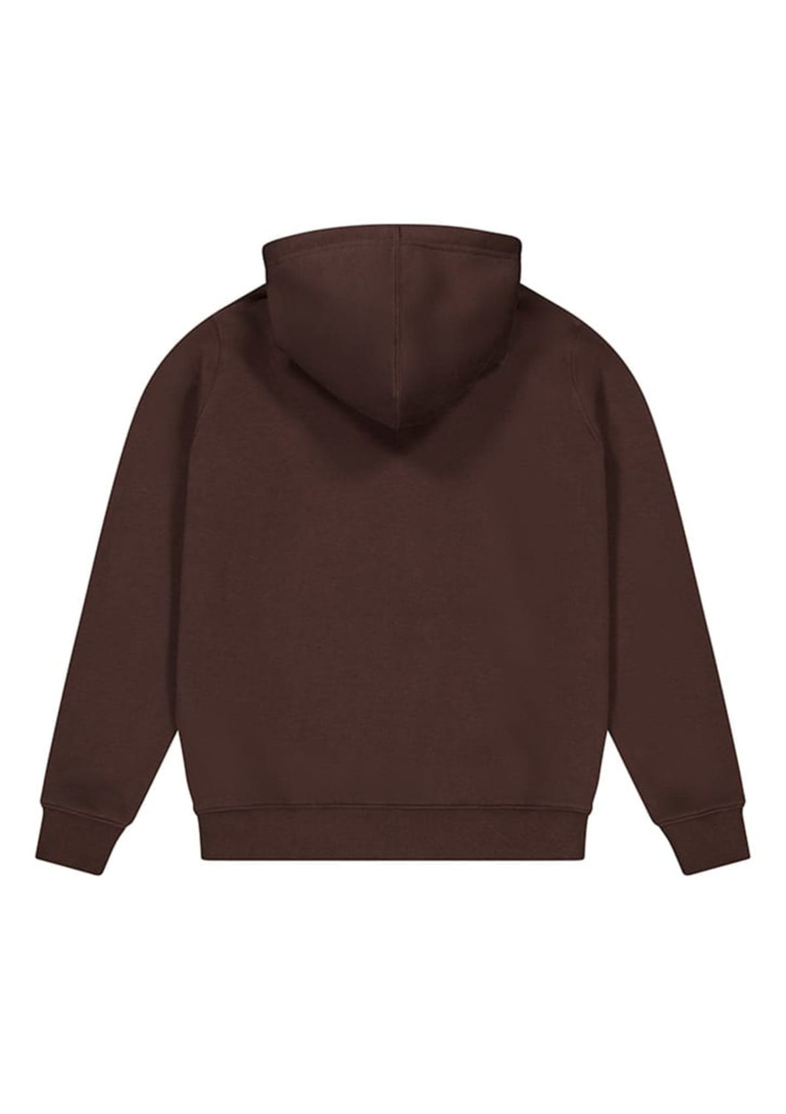 A brown women's hoodie with a hood and long sleeves, featuring a simple design and no visible branding.