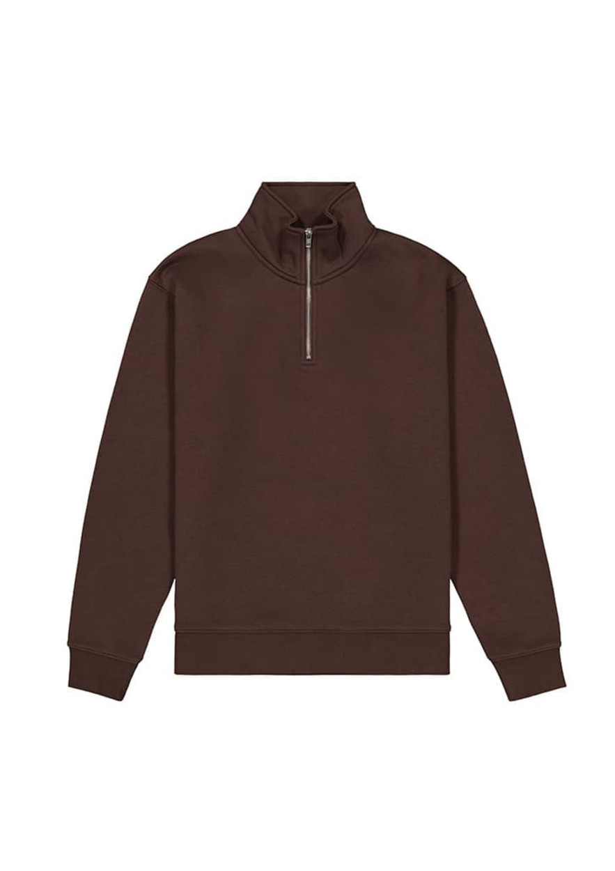 A brown 1/4 zip jumper with a high collar and long sleeves, featuring a branding logo.